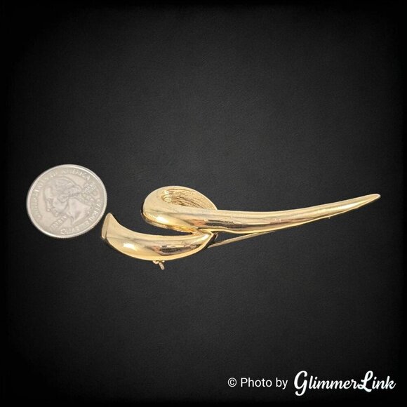 Vintage Modernist Long Polished Swirl Squiggle Gold Tone Brooch - Picture 4 of 9